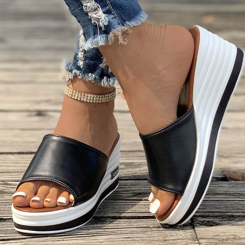 Fish Mouth Wedges Sandals Summer Fashion Hollow Design High Heels Slides Slippers Casual Beach Shoes For Women - Mubimart