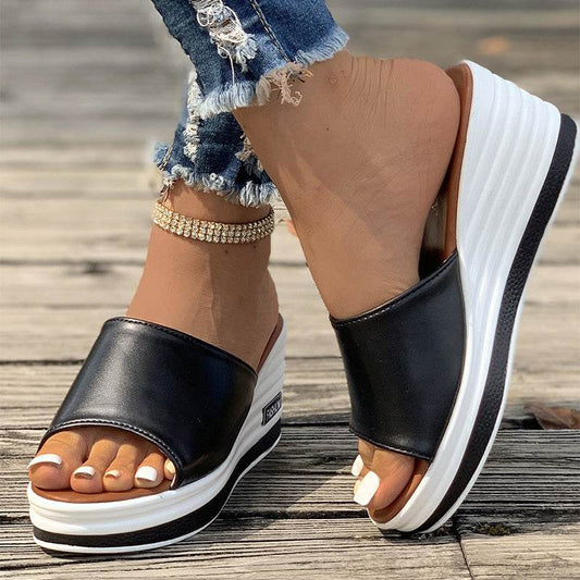 Fish Mouth Wedges Sandals Summer Fashion Hollow Design High Heels Slides Slippers Casual Beach Shoes For Women - Mubimart