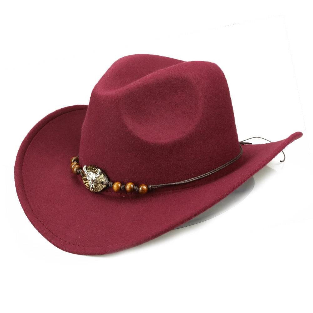 Western Cowboy Hat Wooden Bead Bull Head Fedora Hat - Mubimart