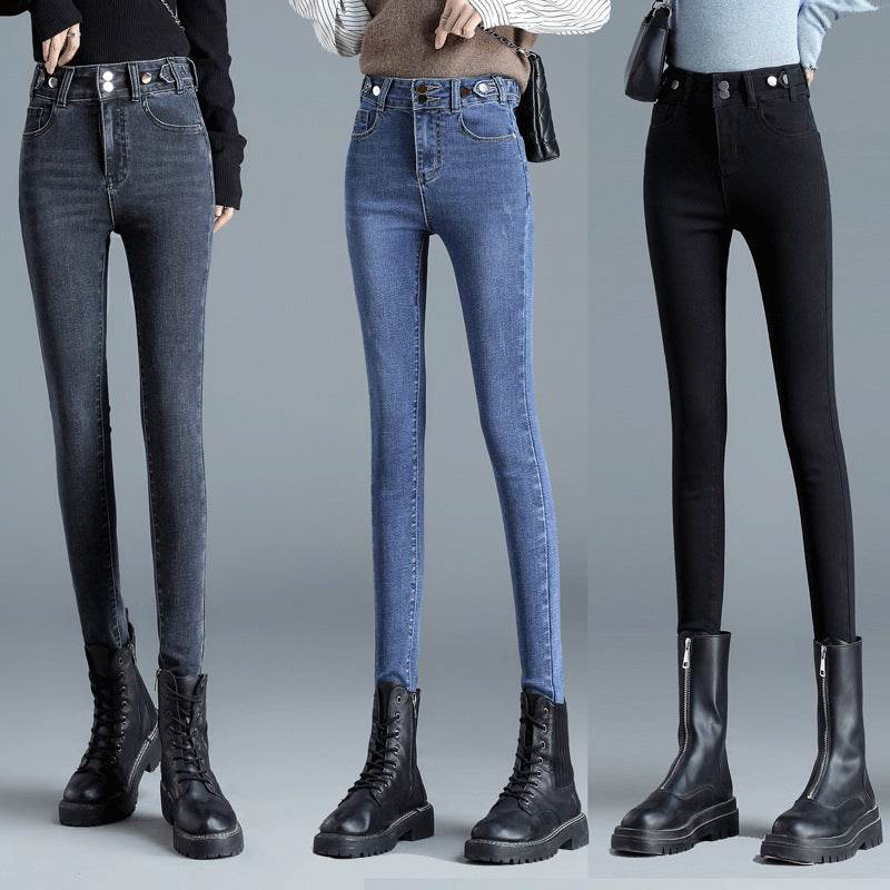 High Waist Stretch Jeans Tight And Warm Skinny Pants Women - Mubimart