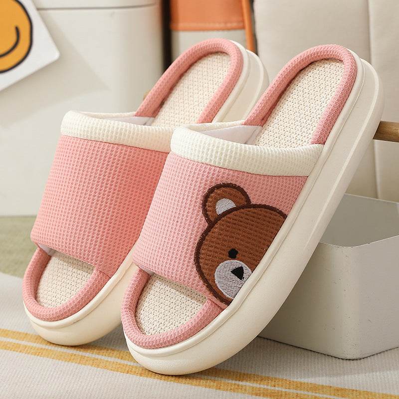 Cute Cartoon Bear Linen Slippers For Women Indoor Non-slip Sweat-absorbent Breathable Slip On Floor Bedroom Slipper House Shoes - Mubimart