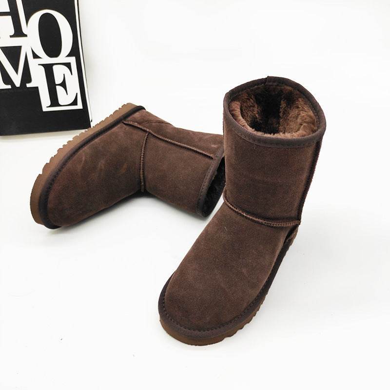 Women's Cowhide Genuine Leather Mid-calf Length Snow Boots - Mubimart