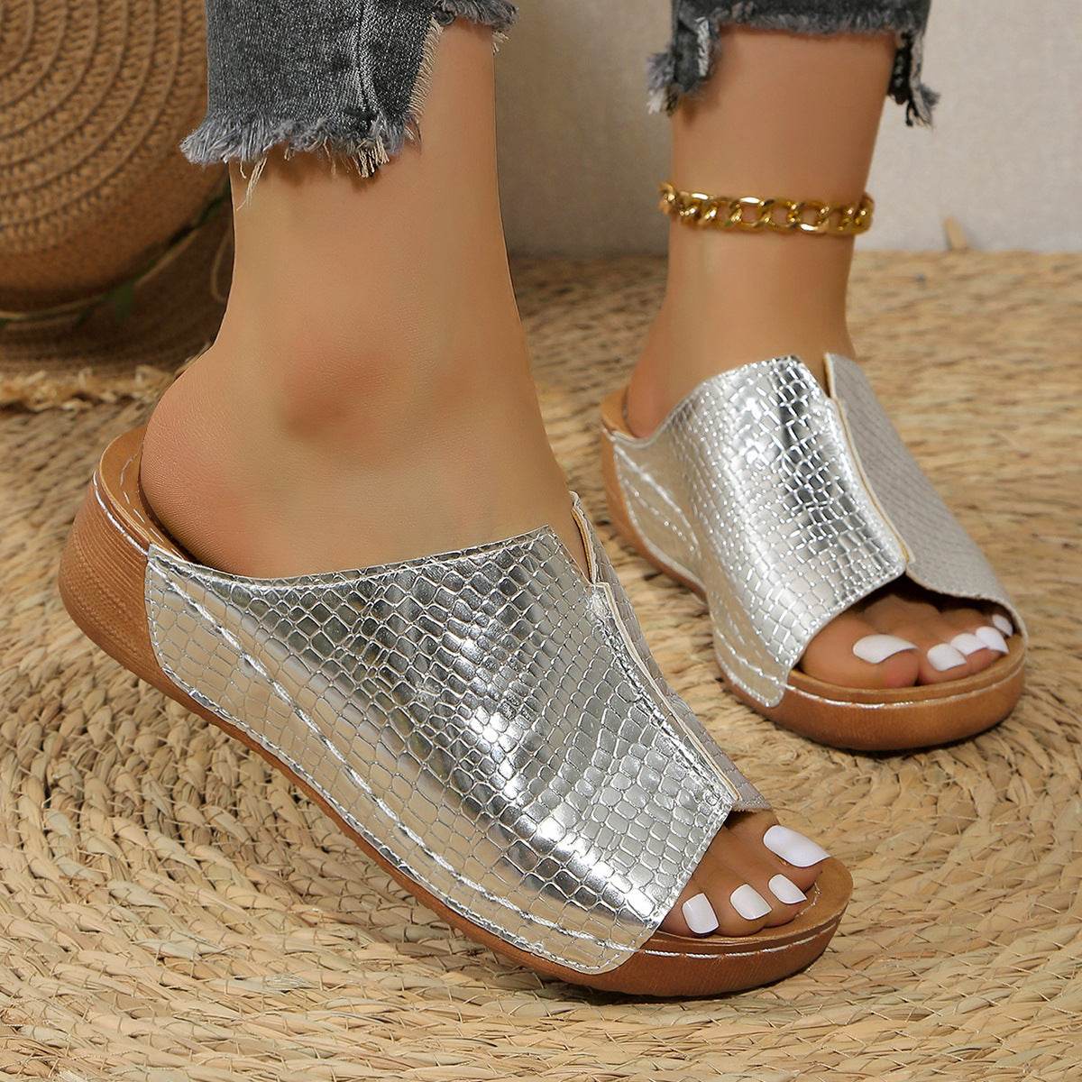 Peep Toe Wedge Fashion Simple Slip-on Fashion Sandal Slippers - Mubimart