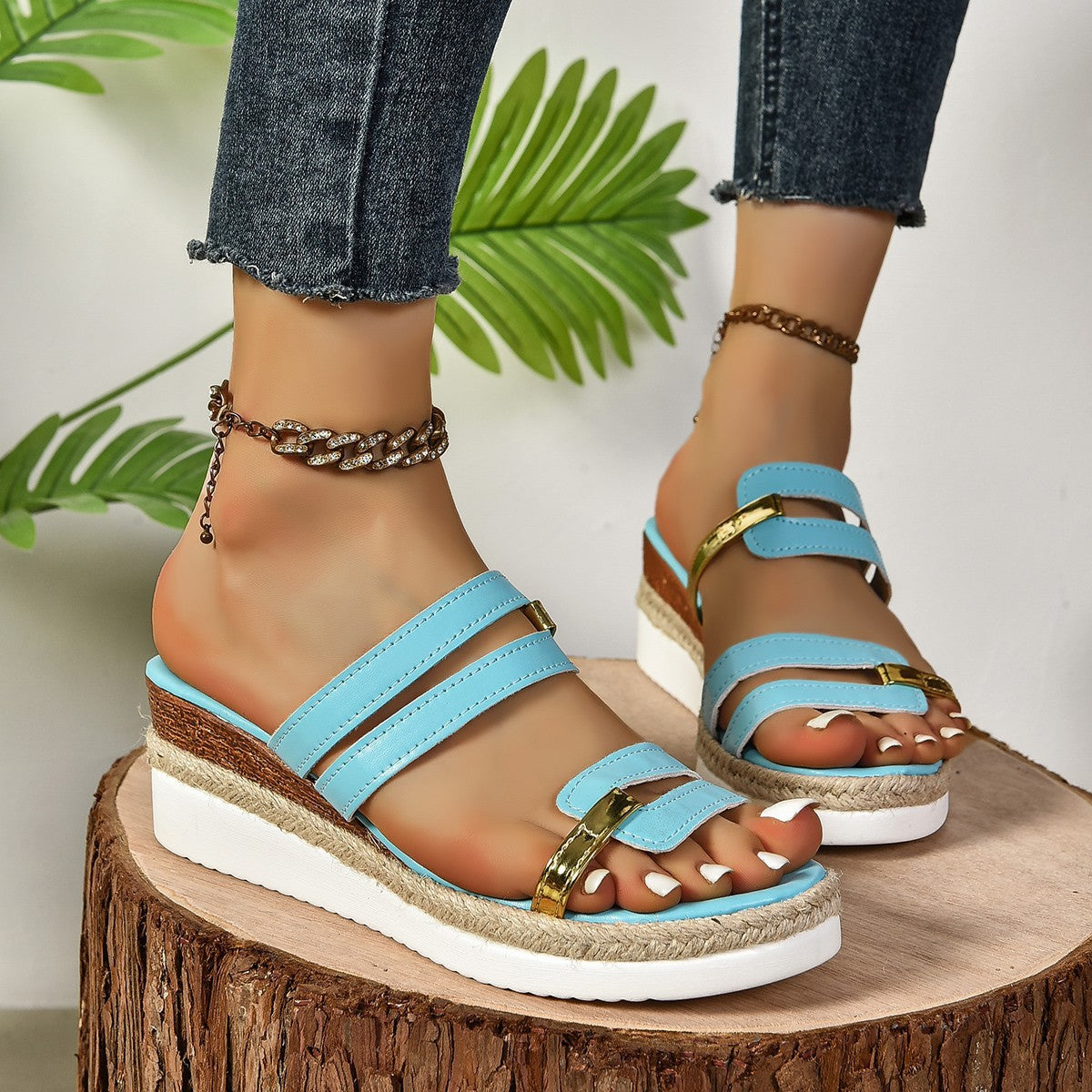 Sandalen mit Keilabsatz und Farbblock-Riemen, Sommermode, Hanf-Absatz, Pantoletten, Outdoor, dicke Sohle, Fischmaulschuhe für Damen