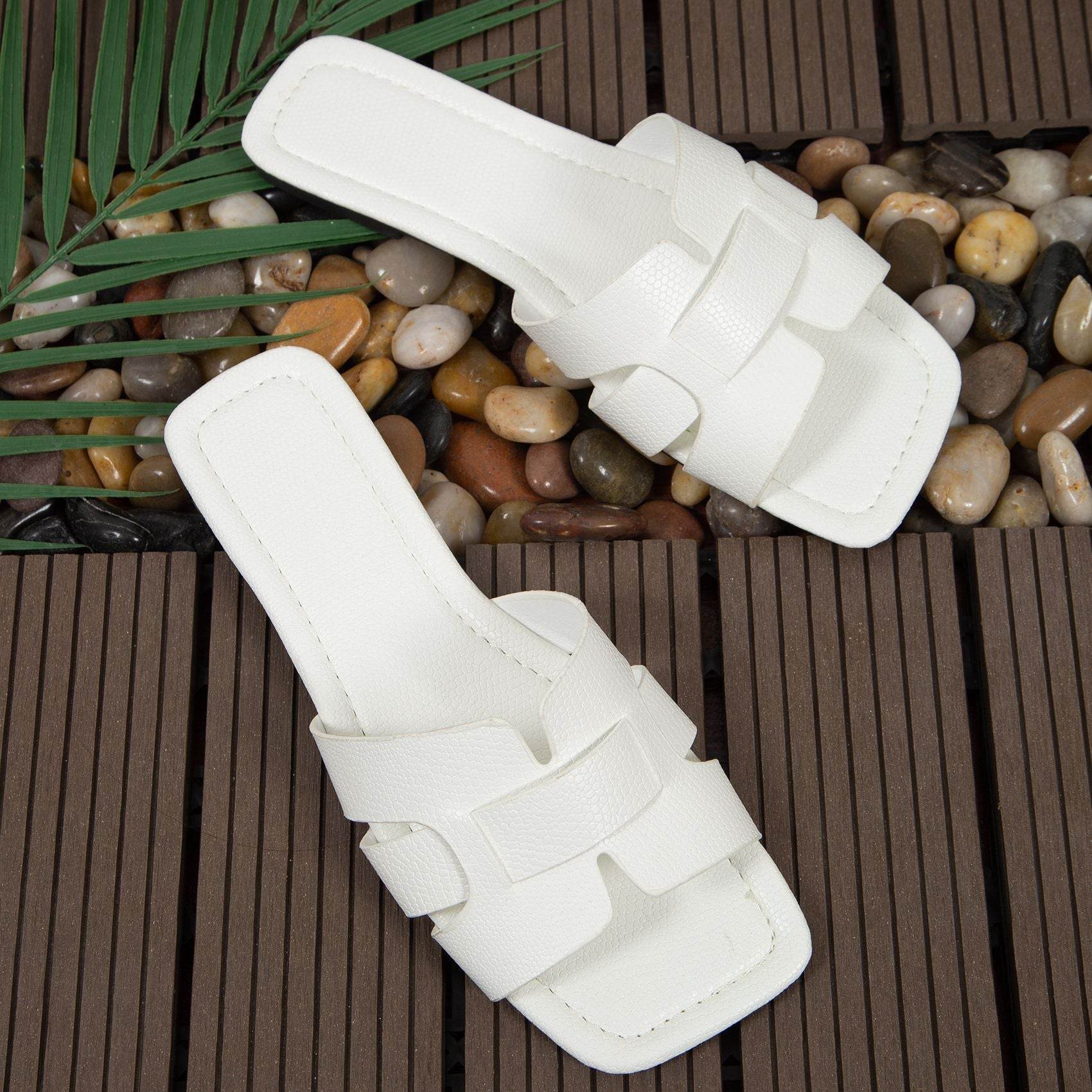 Square Toe Flat Sandals Summer Hollow Out Slides Slippers Women Footwear - Mubimart