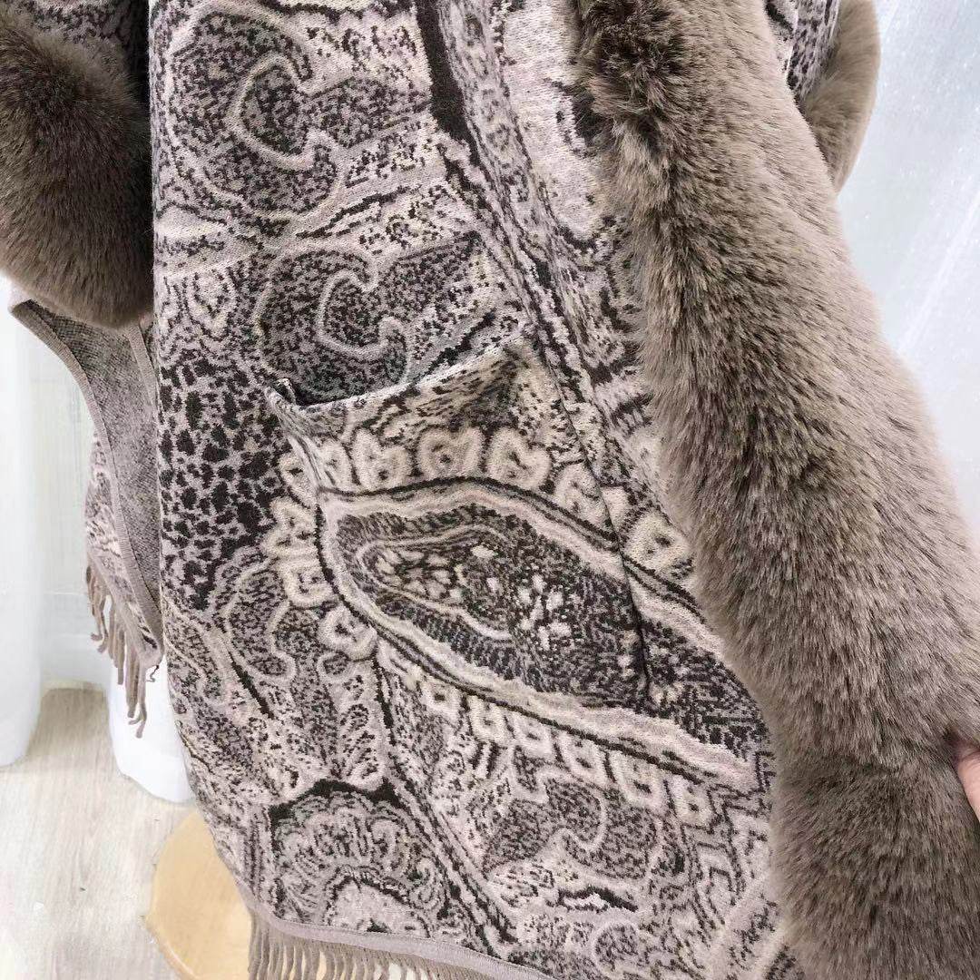 Women's Thick Fur Collar Plus Size Fringed Knitted Shawl Cape With Sleeves - Mubimart
