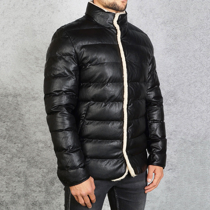 Black PU Leather Puffer Jacket Mid-length Slim-fit Men's Bread Jacket