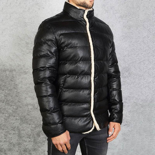 Black PU Leather Puffer Jacket Mid-length Slim-fit Men's Bread Jacket - Mubimart