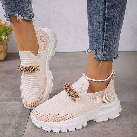 Fashion Chain Design Mesh Shoes For Women Breathable Casual Soft Sole Walking Sock Slip On Flat Shoes - Mubimart