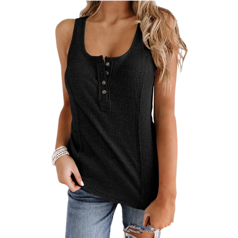 Solid Color Button Sleeveless Tank Top T Shirt Women - Mubimart -  