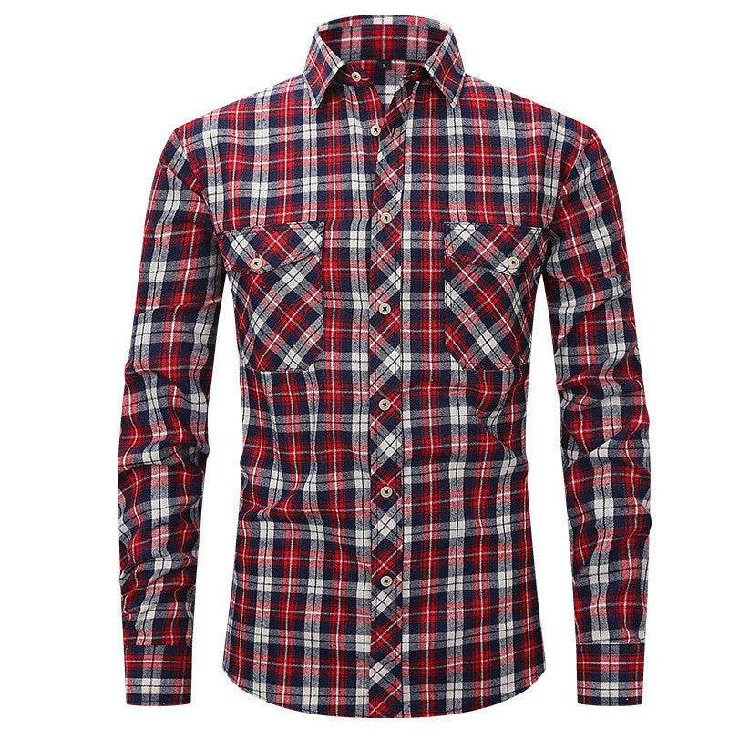 Men's Long Sleeve Double Pocket Flannel Shirt With Brushed Plaid - Mubimart