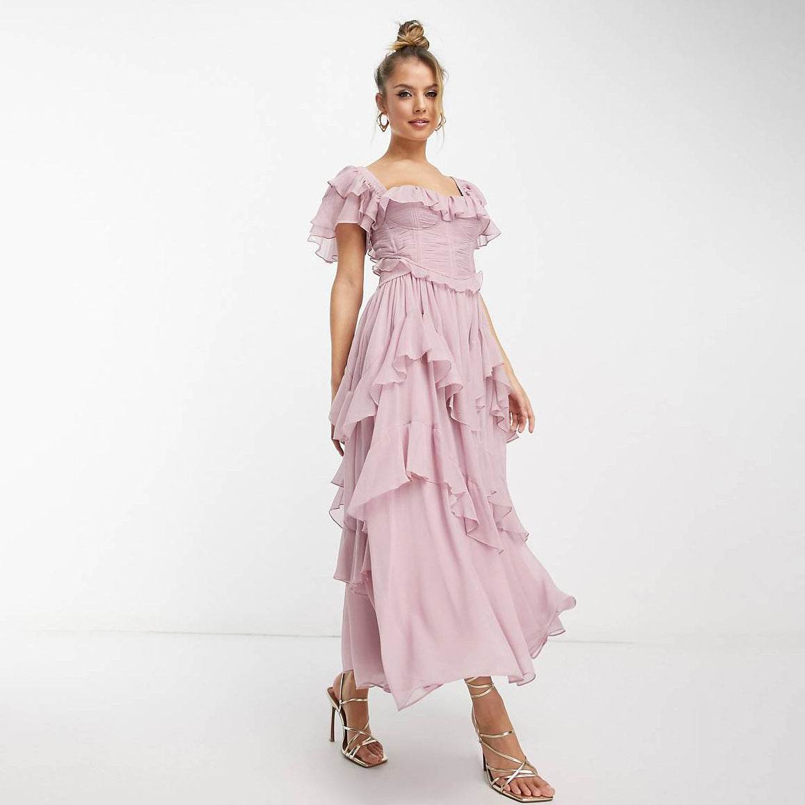 Summer Holiday Ruffled Short-sleeved Dress Fashion Backless Square Neck Long Dresses For Party Womens Clothing - Mubimart