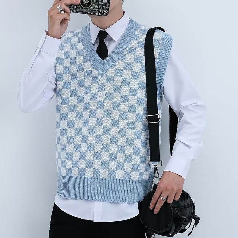 V-neck Knitted Boys' Checkered Sweater Vest - Mubimart