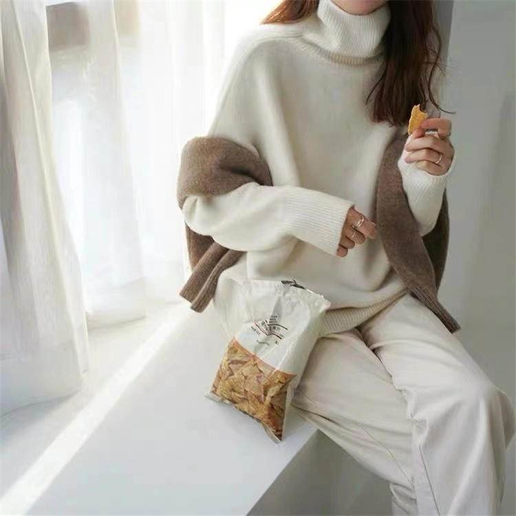 European And American Turtleneck Cashmere Sweater Women's Thickened Sweater Loose Pullover Lazy Knitted Plus Size Bottoming Shirt - Mubimart