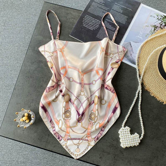 Abdominal Camisole Print Open-Back Top - Mubimart