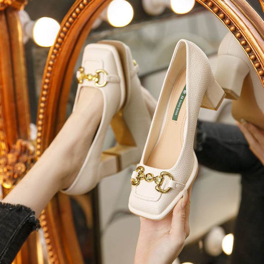 Women's French Mary Jane Chunky Heel Shoes - Mubimart