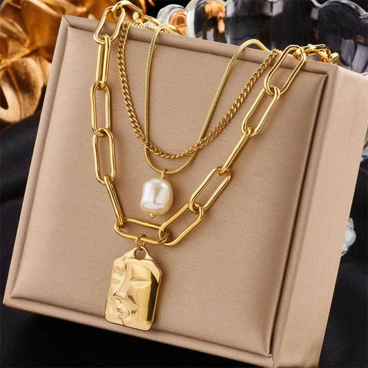 Fashion Jewelry Layered Face Portrait Chain Choker Necklace For Women Elegant Pearls Pendant Necklace Jewelry Accessories - Mubimart