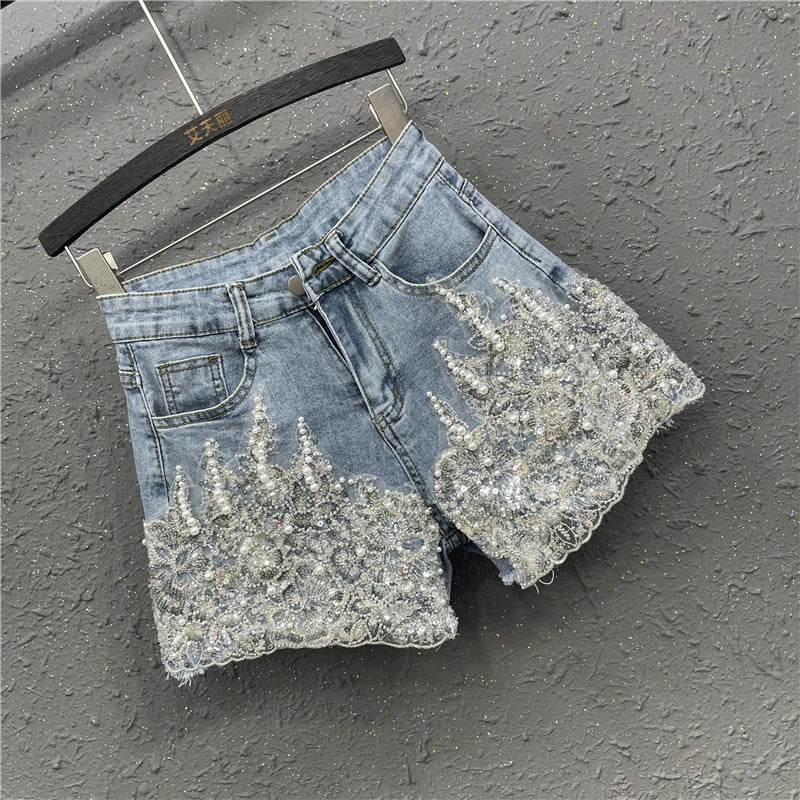 Heavy Industry Western Style Beaded Denim Shorts For Women - Mubimart
