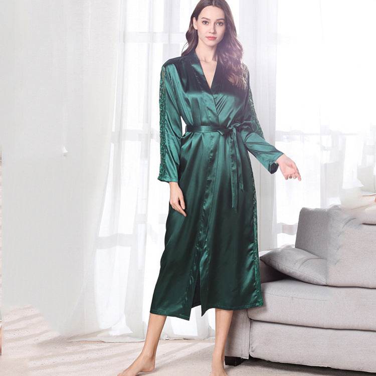 Fashion Ladies Pajamas Imitation Silk Nightgown Lace Sexy Long Nightgown Bathrobe - Mubimart