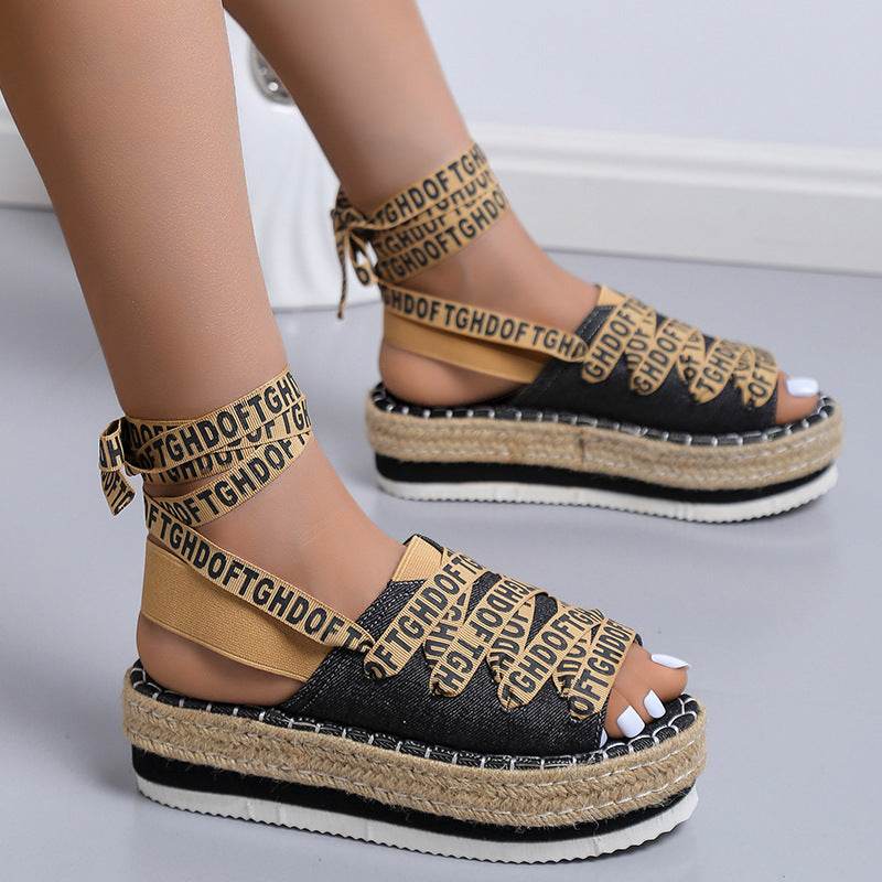Women's Woven Thick Espadrille Lace-up Casual Shoes - Mubimart