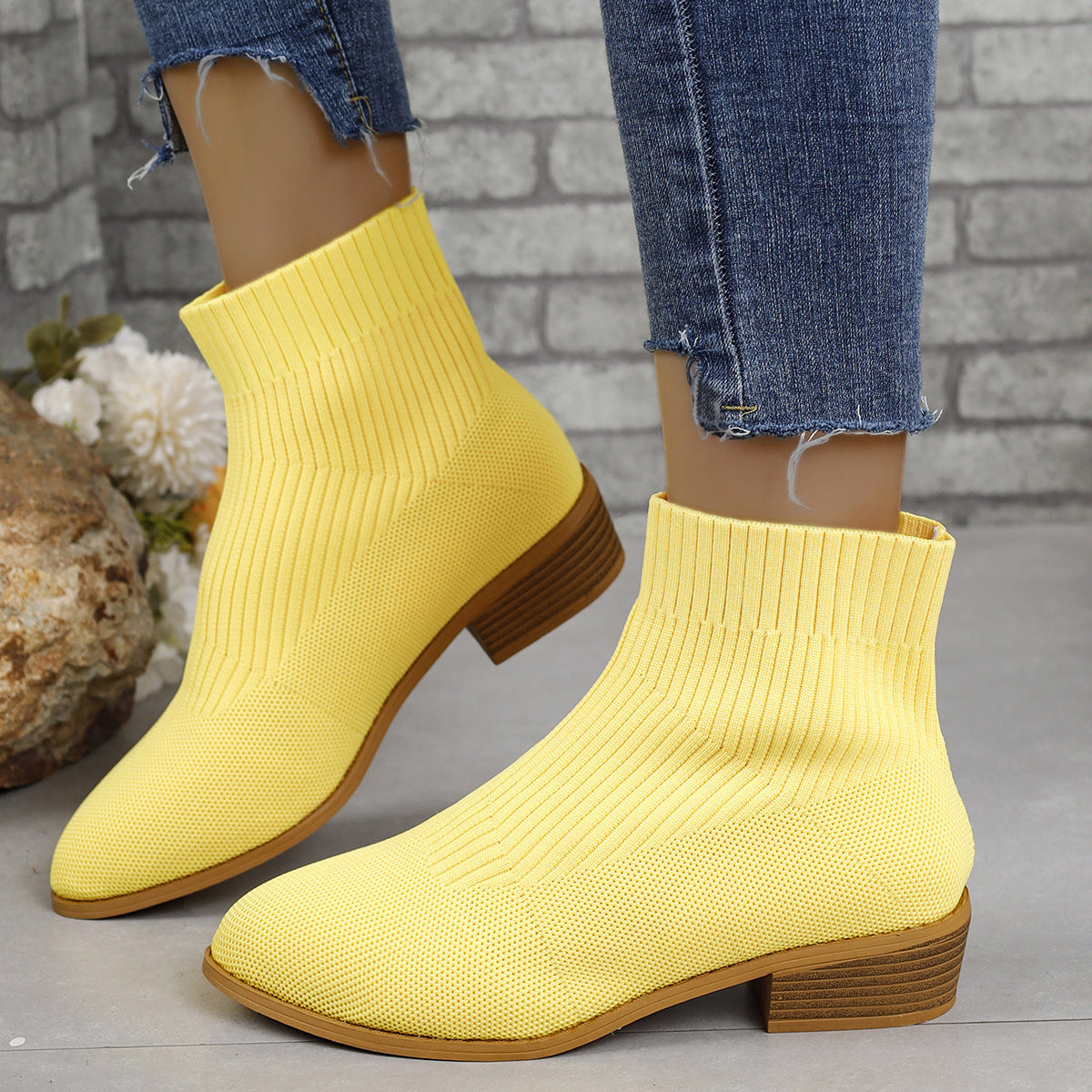 Chunky Heel Pointed Toe Ankle Boots Fashion Breathable Mid-tube Knitted Socks Shoes For Women Short Boot