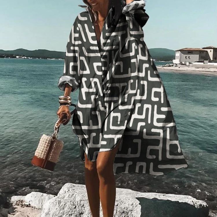 Women's Summer Plus Size Loose Vacation Casual Printed Long Shirt Dress - Mubimart - Shirt Dress 