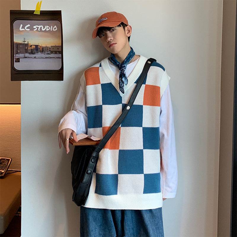 Men's Plaid Sweater V-Neck Knitted Vest - Mubimart