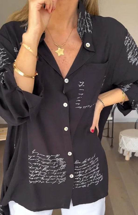 Letter Print Long Sleeve Shirt Fashion Commuter Style Lapel Shirt Women's Clothing - Mubimart