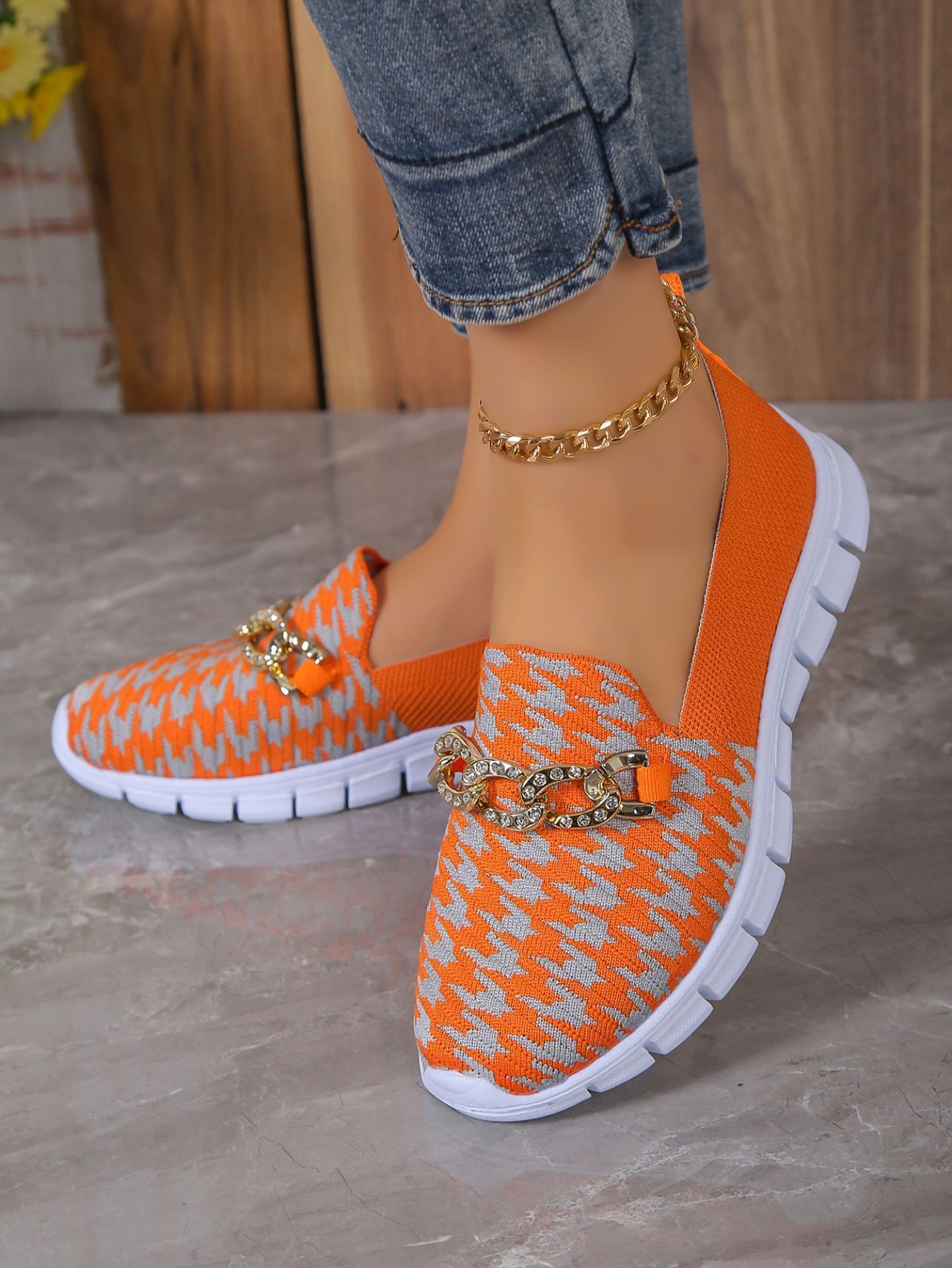 Lässige Houndstooth Print Kette Mesh Schuhe Sommer Walking Sport Flache Schuhe Frauen Atmungsaktive Slipper