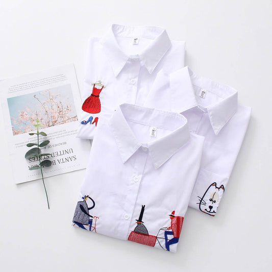 Button-down Collar Long-sleeved Cotton Shirt Embroidery - Mubimart