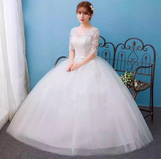 Half Sleeve Wedding Dresses Long Train Bridal Gown - Mubimart