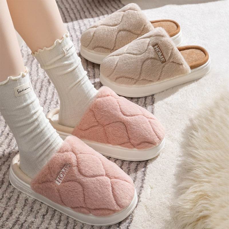 Plush Slippers Winter For Women Indoor Floor Bedroom Home Slipper Warm Solid House Shoes Men Couple - Mubimart