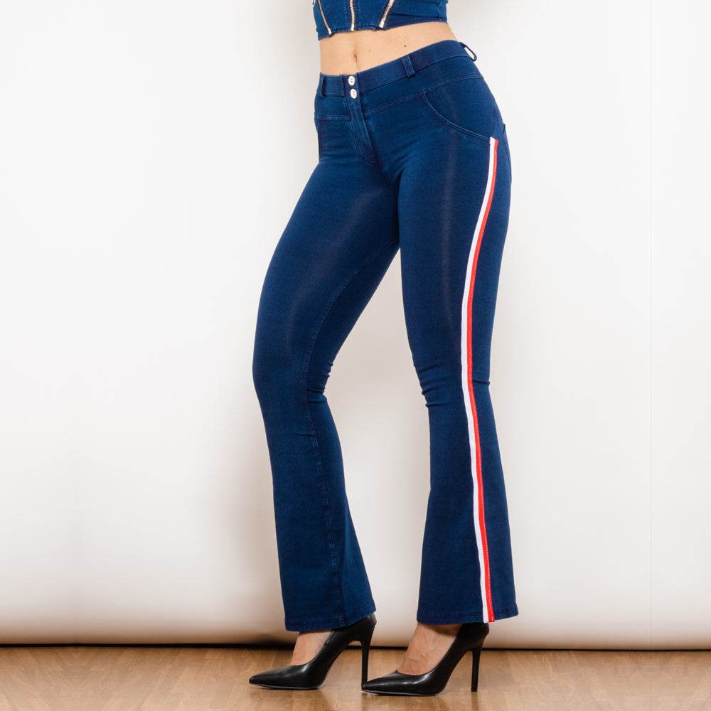 Shascullfites Melody Fashion White Red Side Stripe Flare Jeans Butt Lifting Female Casual Elasticity Dark Blue Denim Bell Pants - Mubimart