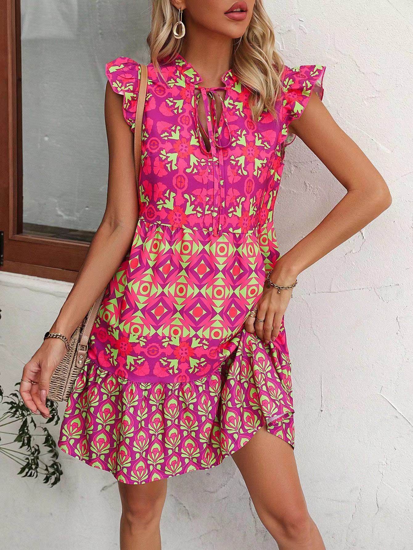 Printed Sleeveless Dress Summer Fashion V-Neck Lace-up Straight Dresses For Womens Clothing - Mubimart