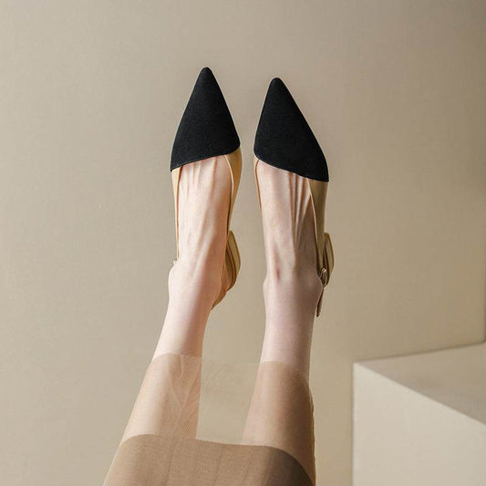 Chunky Heel Leather Color Block Flats - Mubimart