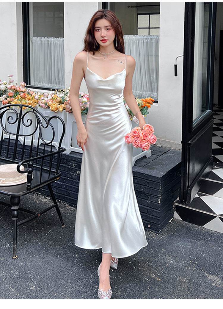 Acetate Strap Fairy Satin Sleeveless Dress Formal Dress - Mubimart