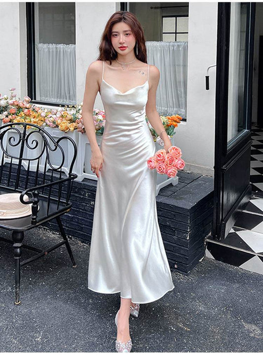 Acetate Strap Fairy Satin Sleeveless Dress Formal Dress - Mubimart