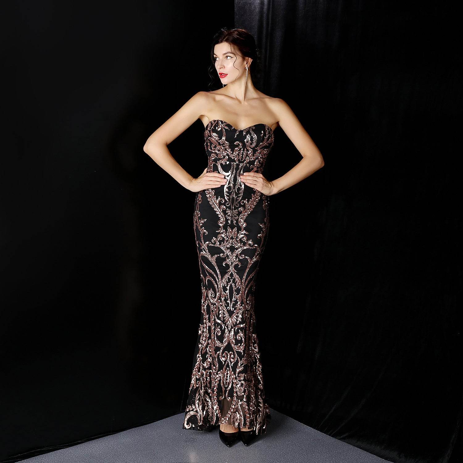 Sequined Long Dress Skirt Prom Party Etiquette Celebration Evening Dress - Mubimart