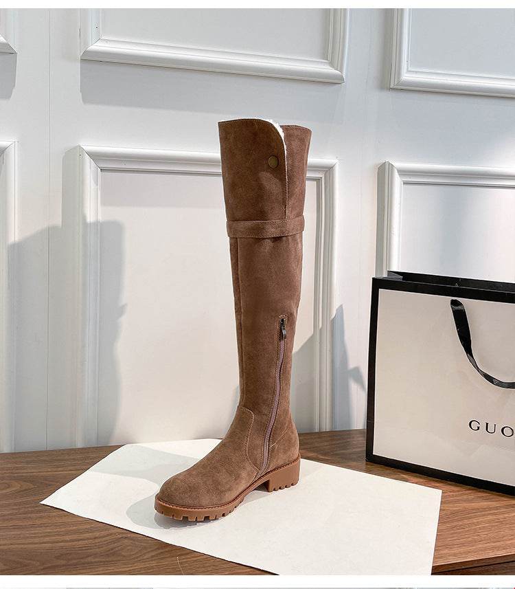 Fleece-lined Warm Brown Flat Over The Knee Tall Knight Boots - Mubimart