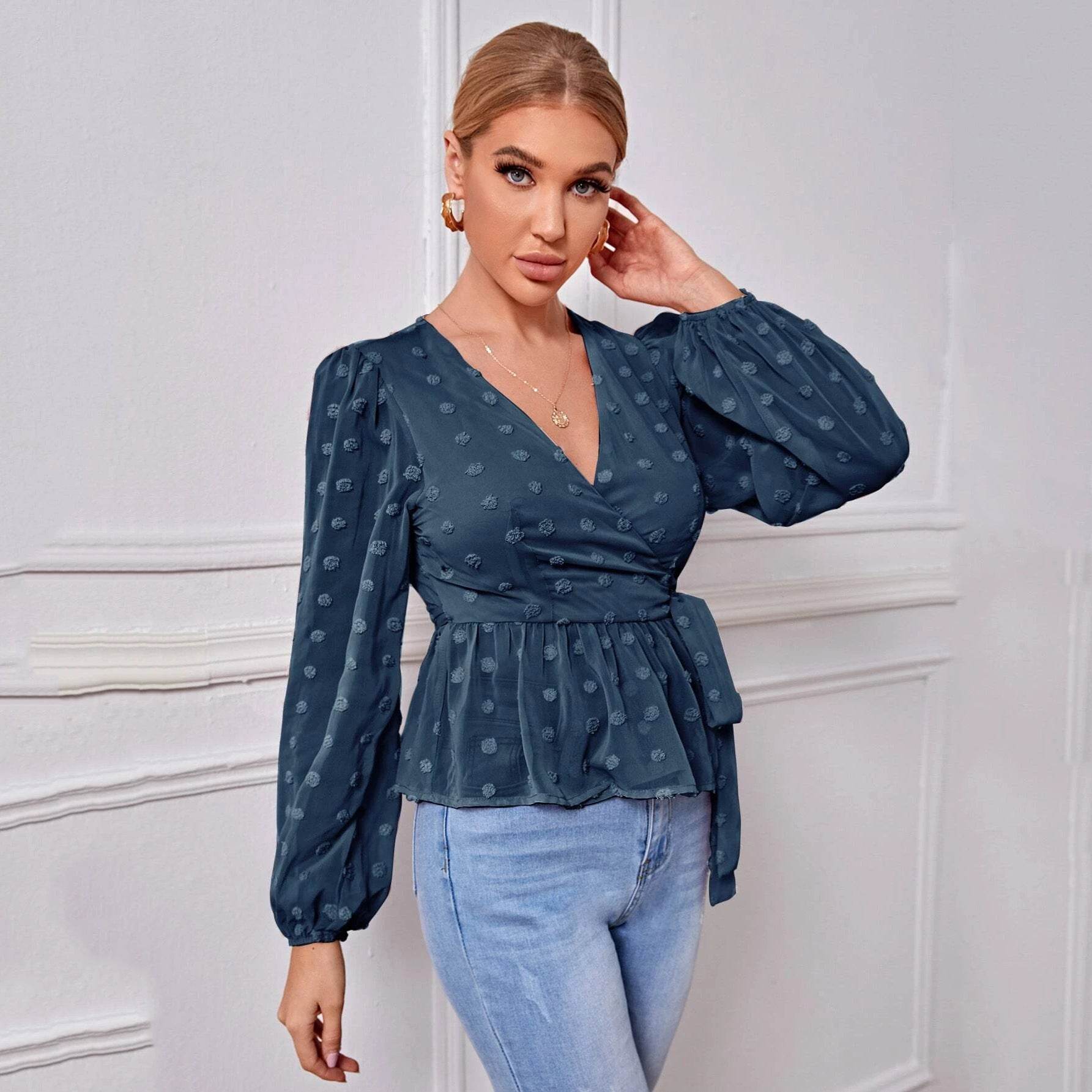 V-neck Slim-fit Light Mature Blouse Women - Mubimart
