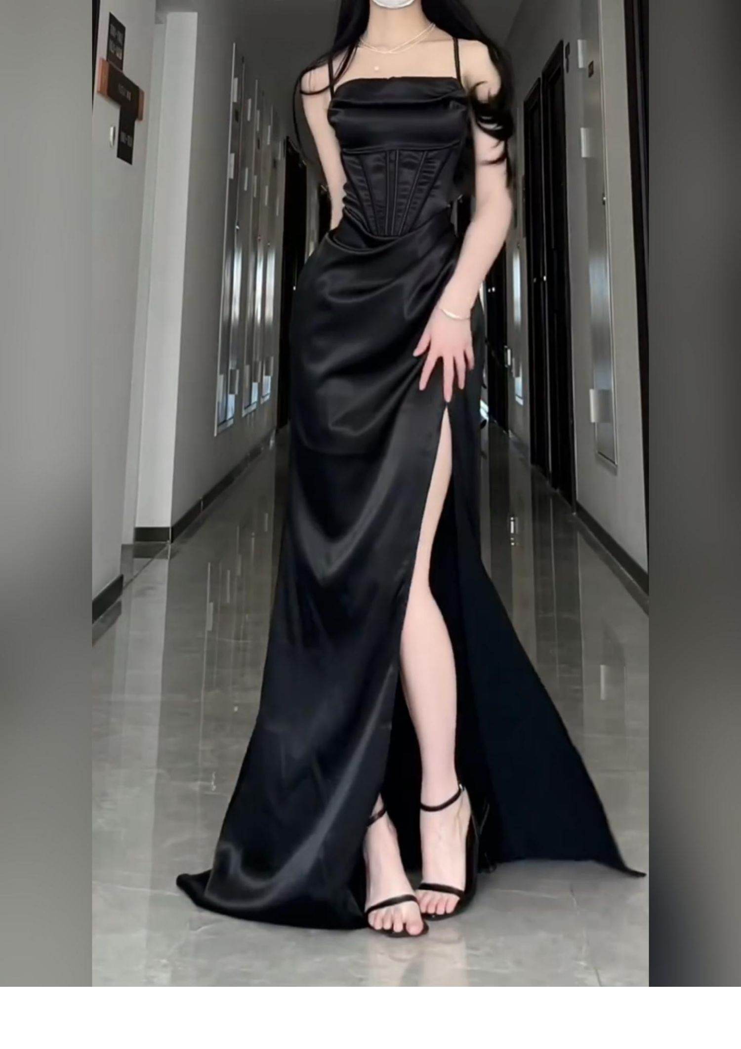 Long Formal Plus Size Black Slit Sling Dress - Mubimart