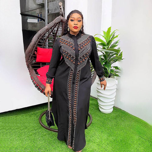 Women's Black Rhinestone Robe African Beaded Cardigan Plus Size Dress - Mubimart