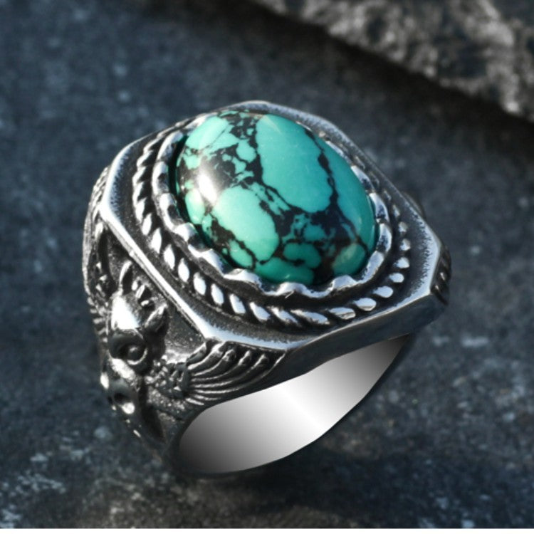 Vintage Turquoise Uil Ring Voor Mannen