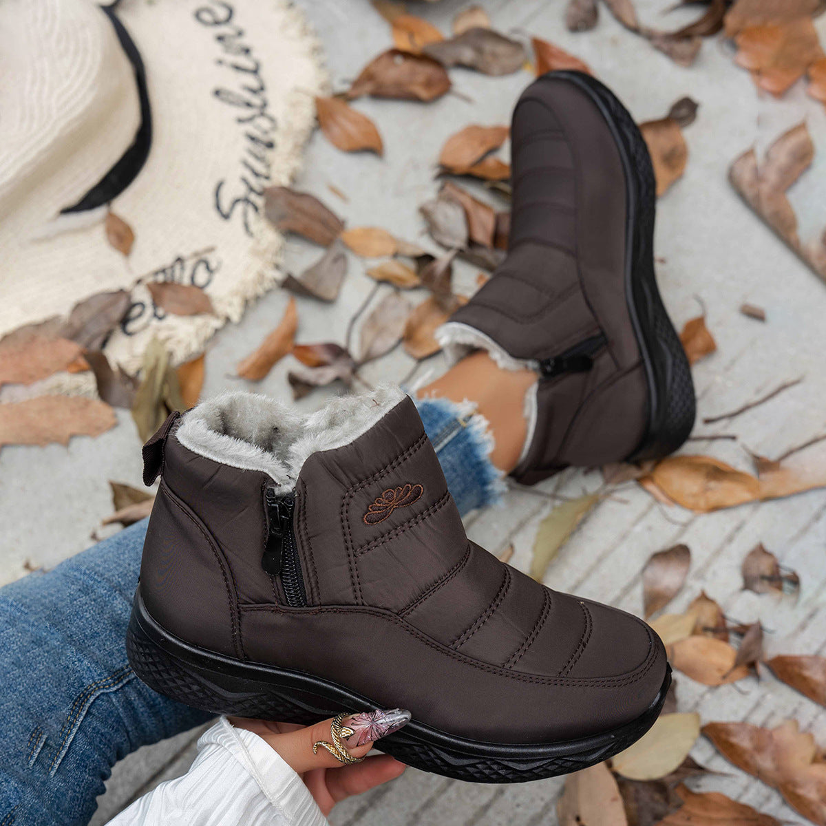 Winter Snow Boots WIth Side Zipper Casual Warm Plush Flat Shoes Women's Fleece Ankle Boot