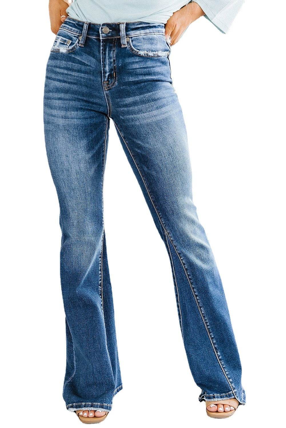Washed High Waist Jeans Paneled Women's Flare - Mubimart