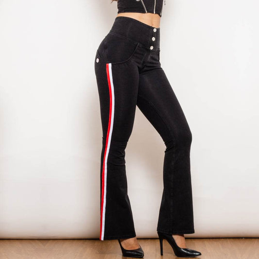 Shascullfites Melody Black Striped Flared Lift Jeggings Button Up Jeans Shaping Jeans Women High Waist Flare Jeans - Mubimart
