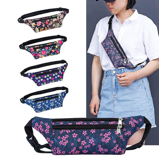 Flower Print Waist Bags Women Sports Running Fanny Pack With Double Zippers - Mubimart