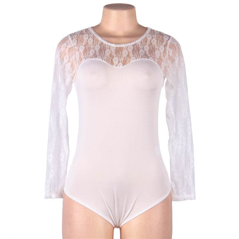 Plus Size Lingerie Long-sleeved Lace Jumpsuit Perspective - Mubimart