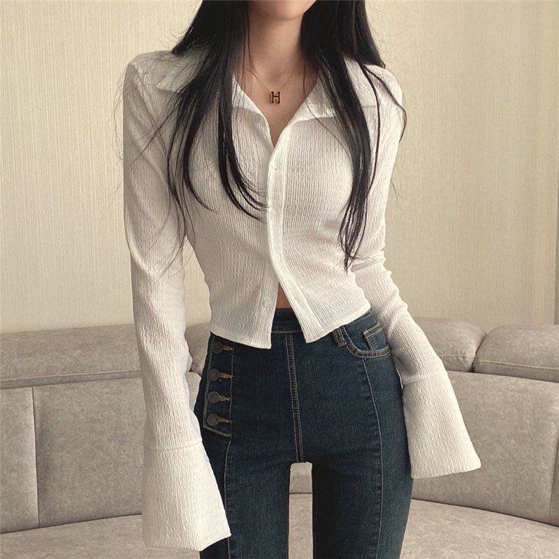 Long Sleeved Slim Lapel T-shirt For Women - Mubimart