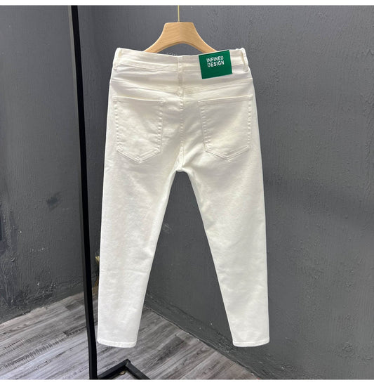 Mens Trendy Youth Simple Casual White Trousers Jeans - Mubimart